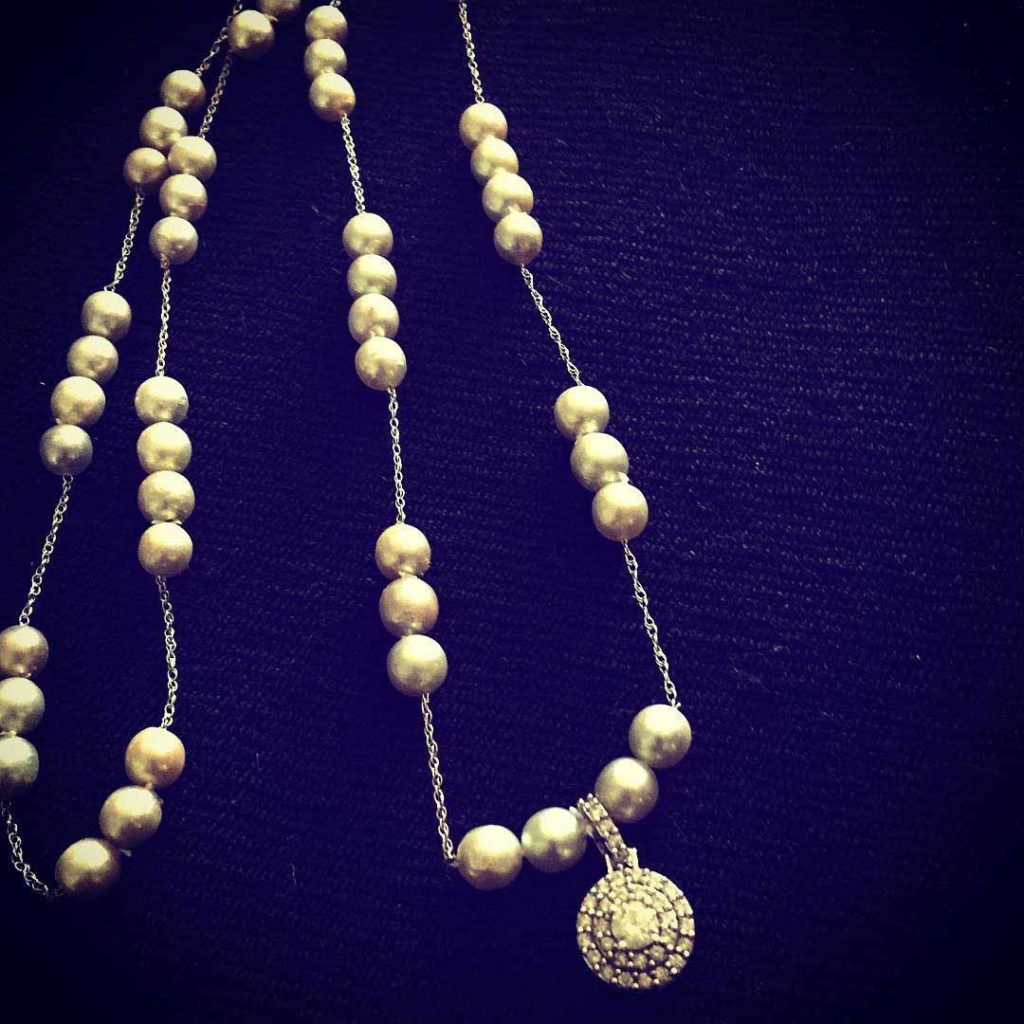 Custom Repurposed Pearls and Diamond Pendant with Fine Rope Chain